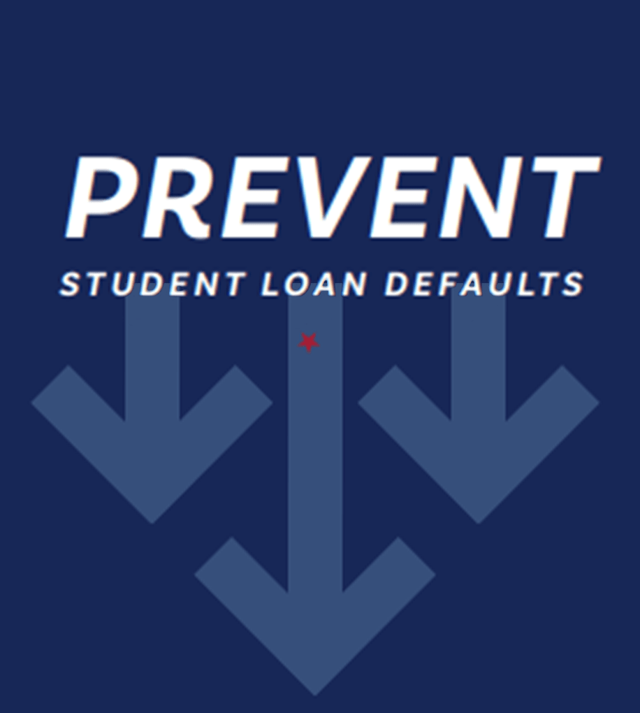 Image with downward arrows that says: Prevent Student Loan Defaults