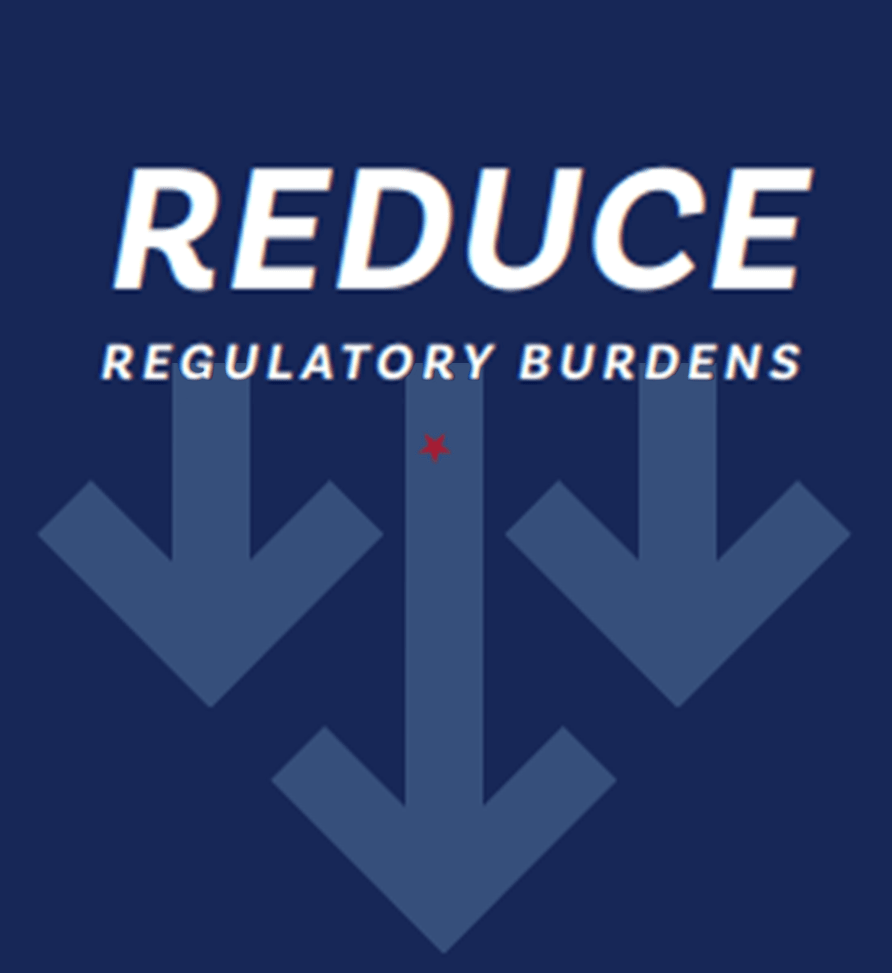 Image with downward arrows that says: Reduce Regulatory Burdens